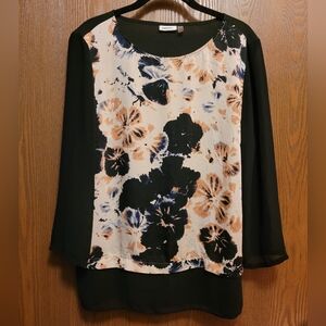 DKNY Women's Black and Orange Floral Sheer Layered Blouse Size L